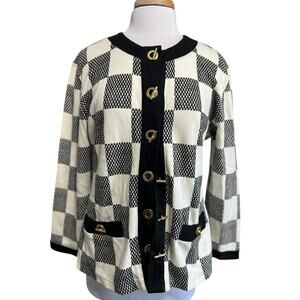 L'eau Vive Vintage Hong Kong Black Ivory Check Old Money Cardigan Toggle Sweater